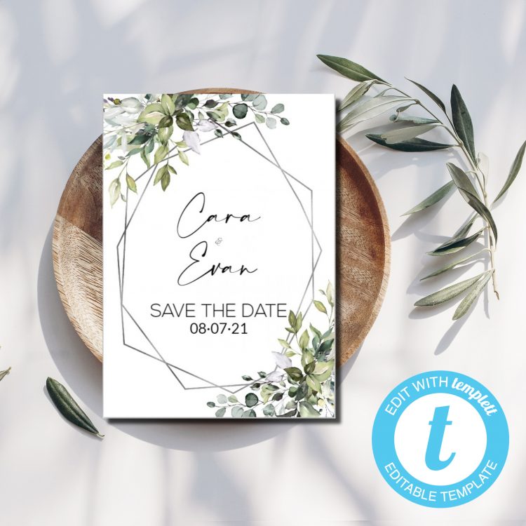 Save the Date Wedding Template in Herbal Silver Watercolor Design